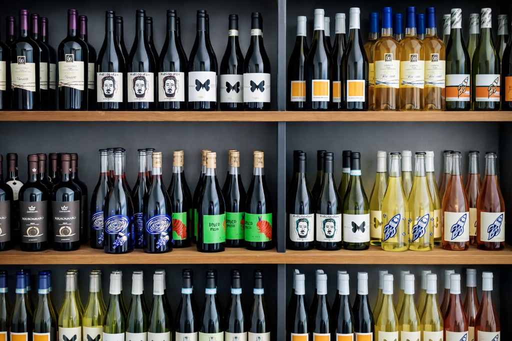 Shelves of Italian wines at Origini shop